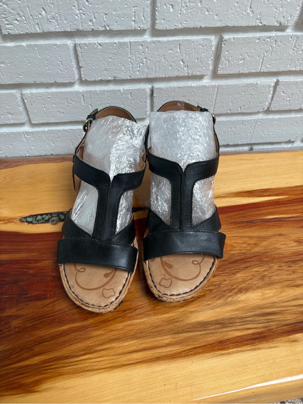 Born Black Leather Cork Wedge Sandals with Adjustable Strap, Women’s Size 8 - Picture 2 of 7